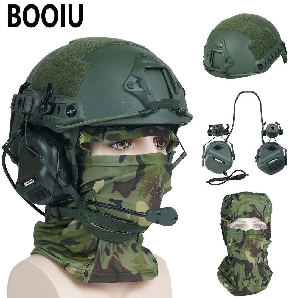 Outdoor Hunting Kit - BOOIU ชุดหมวกกันน็อคอาร์์เมอร์ยุทธวิธีแบบปรับได้เพนท์บอลกลางแจ้งการล่าสัตว์ยิงปืนชุดป้องกันศีรษะ ABS หมวกกันน็อคพร้อมหน้ากากหูฟัง