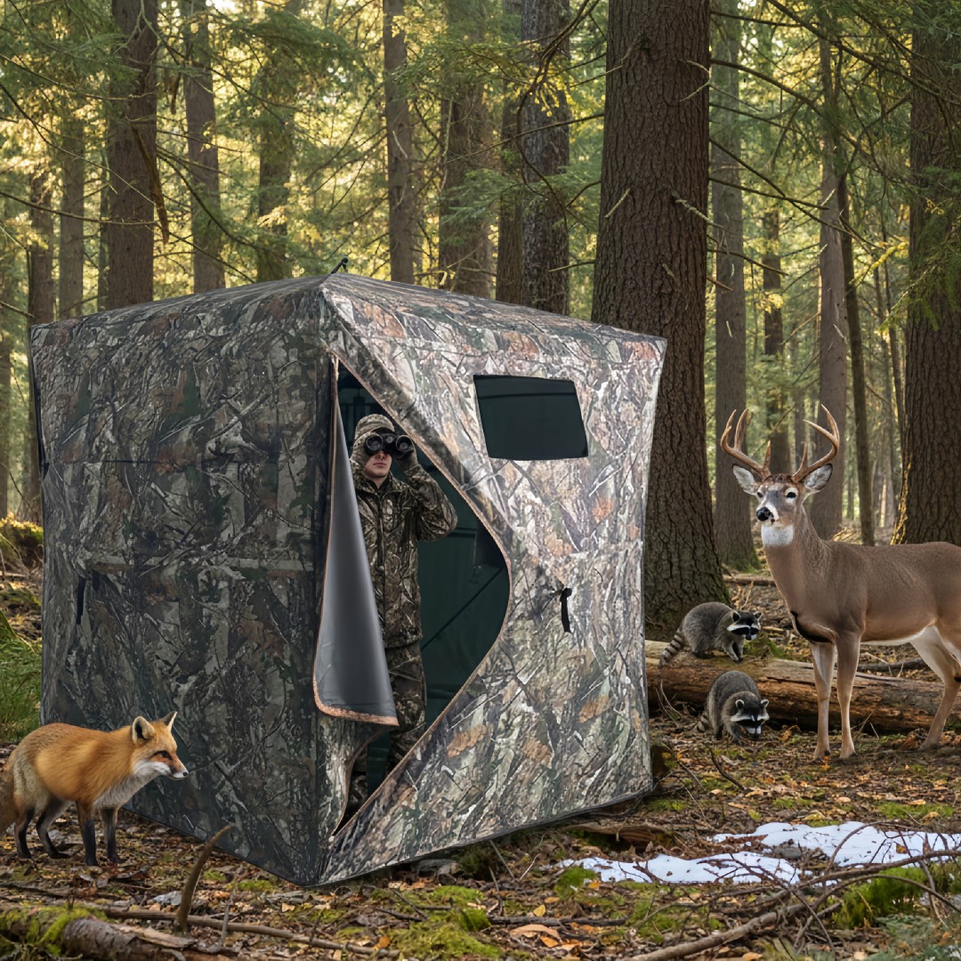 Hunting Outdoors - เต็นท์พรางตัวแบบป๊อปอัพสำหรับล่าสัตว์ ติดตั้งง่าย ใช้เป็นที่พักพิงกลางแจ้ง พร้อมช่องเก็บของ สำหรับล่ากวาง ไก่งวง